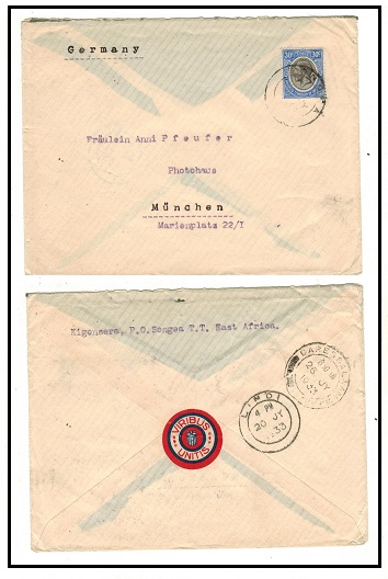 TANGANYIKA - 1933 30c rate cover to Germany used at SONGEA.