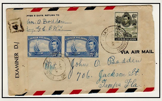 CAYMAN ISLANDS - 1944 11d rate censored cover to USA used at WEST BAY.