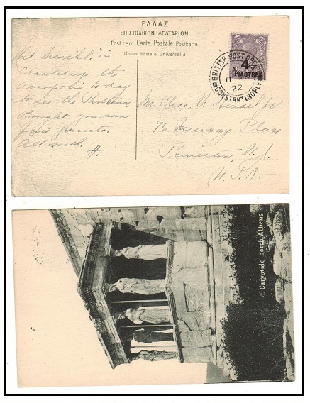 BRITISH LEVANT - 1922 4 1/2p on 3d rate postcard use to USA used at BPO/CONSTANTINOPLE.