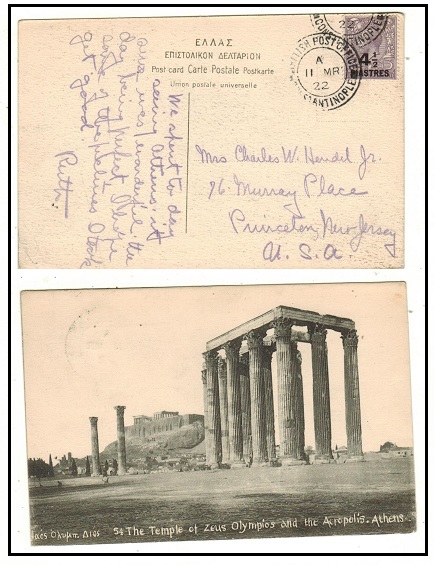 BRITISH LEVANT - 1922 4 1/2p on 3d rate postcard use to USA used at BPO/CONSTANTINOPLE.