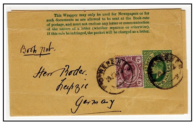 CAPE OF GOOD HOPE - 1905 1/2d green postal wrapper uprated with Transvaal 2d at WEPENER. H&G 6.
