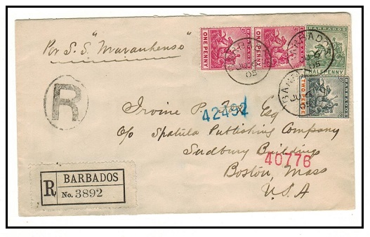 BARBADOS - 1905 4 1/2d rate registered cover to USA.