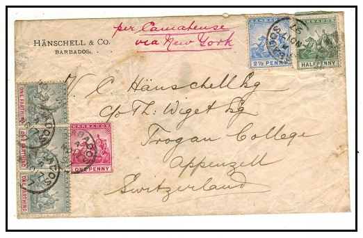 BARBADOS - 1897 4 3/4d rate cover to Switzerland.