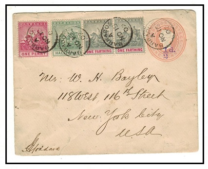 BARBADOS - 1892 1/2d violet on 1d pink PSE uprated to USA.  H&G 2a.