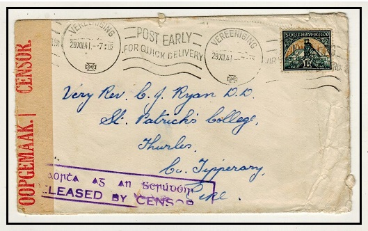 IRELAND - 1941 inward censored cover from South Africa struck RELEASED BY CENSOR on arrival.