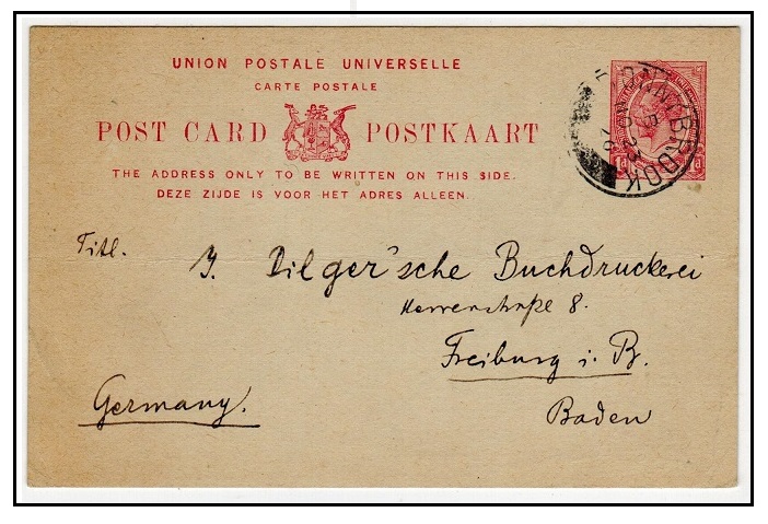 SOUTH AFRICA -1913 1d red PSC to Germany used at DONNYBROOK.  H&G 2.