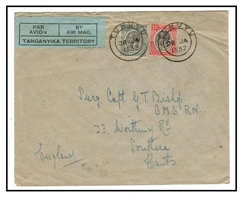 TANGANYIKA - 1932 65c rate cover to UK used at TUKUYU.