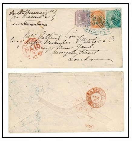 INDIA - 1866 colourful multi franked cover to UK cancelled by blue 