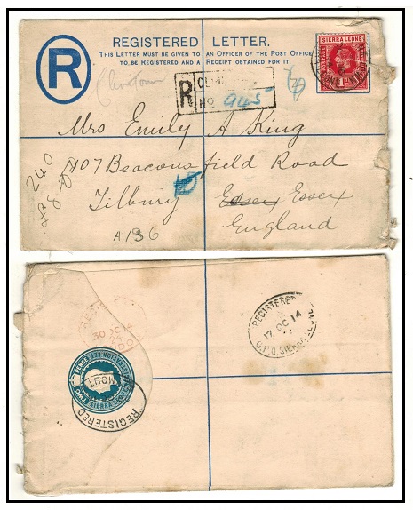 SIERRA LEONE - 1914 use of uprated 2d blue RPSE to UK used at CLINE TOWN.  H&G 3a.