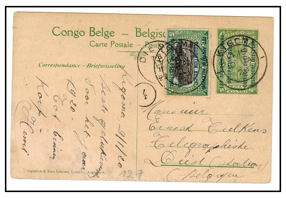 TANGANYIKA - 1912 5c yellow green PSC uprated to Belgium used at KIGOMA/1.  H&G 43a.