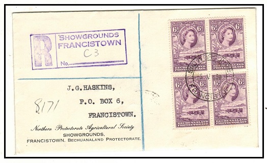 BECHUANALAND - 1960 6d block of four on registered cover used at SHOWGROUNDS/FRANCISTOWN.