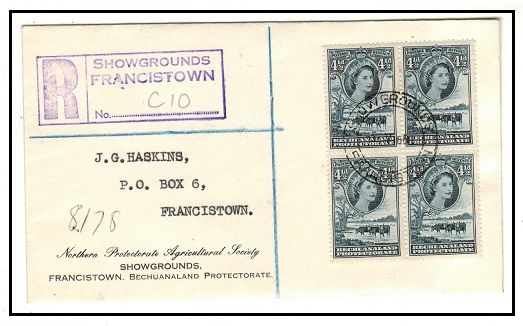BECHUANALAND - 1960 4 1/2 block of four on registered cover used at SHOWGROUNDS/FRANCISTOWN.
