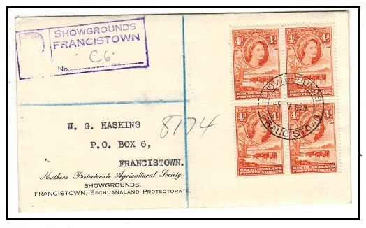 BECHUANALAND - 1960 4d block of four on registered cover used at SHOWGROUNDS/FRANCISTOWN.