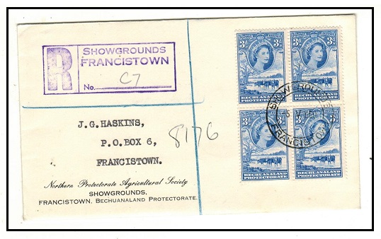 BECHUANALAND - 1960 3d block of four on registered cover used at SHOWGROUNDS/FRANCISTOWN.