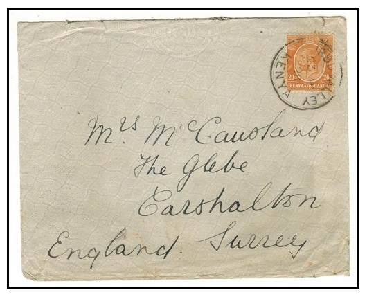 K.U.T. - 1928 20c rate cover to UK used at TURBO VALLEY.