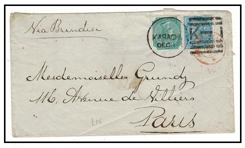 INDIA - 1881 4 1/2a rate cover to France cancelled by 