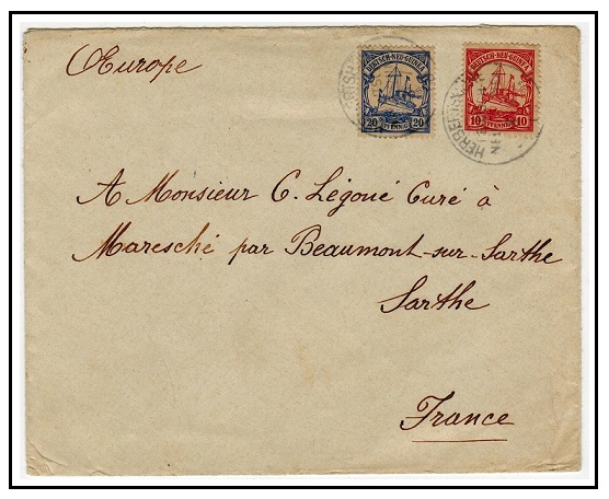 NEW GUINEA - 1908 30pfg rate cover to France used at HERBERTSHOHE.