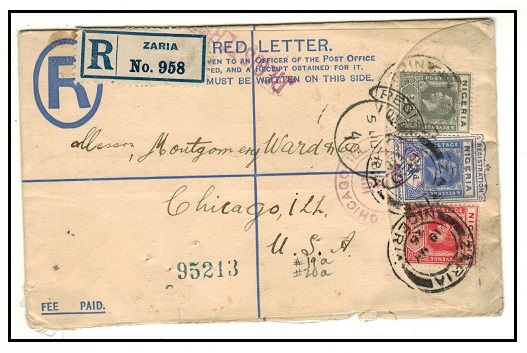 NIGERIA - 1923 3d ultramarine uprated RPSE (size G) addressed to USA used at ZARIA.  H&G 2.