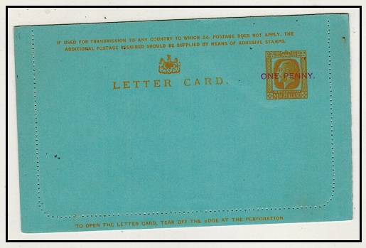 NEW ZEALAND - 1921 1d on 2d yellow on blue stationery letter card unused.  H&G                      