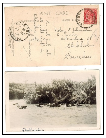 K.U.T. - 1933 15c rate postcard to Sweden used at RUIRU/KENYA.