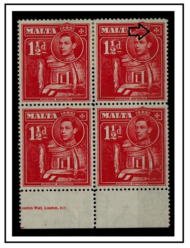 MALTA - 1938 1 1/2d scarlet mint block of four showing the BROKEN CROSS variety.  SG 220a.