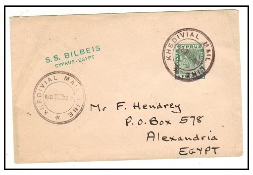 CYPRUS - 1929 1/2p rate cover to Egypt cancelled KHEDIVAL MAIL LINE with S.S.BILBELS maritime h/s.