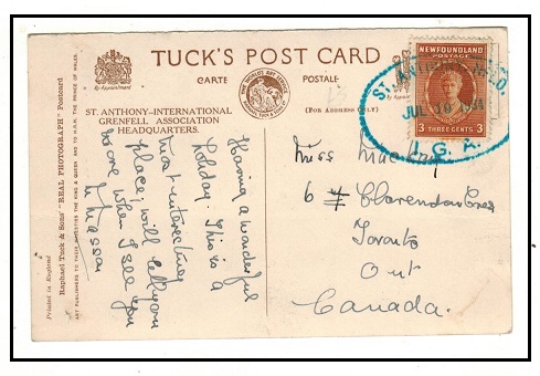 NEWFOUNDLAND - 1934 3c rate postcard use to Canada used at ST.ANTHONY NFLD/I.G.A.