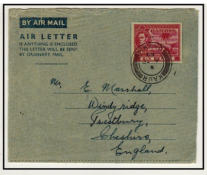 GAMBIA - 1949 6d magenta postal stationery air letter (no message) used at KAUR.  H&G 1.