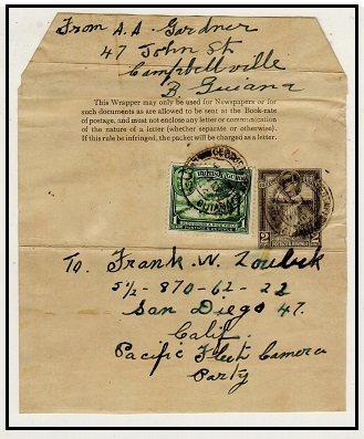 BRITISH GUIANA - 1938 large part of 2c black postal stationery wrapper uprated to USA.  H&G 1.