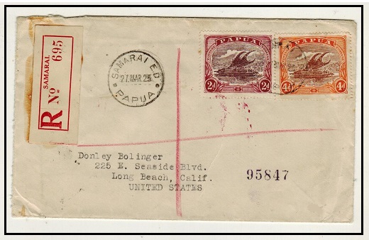 PAPUA - 1926 6d rate registered cover to USA used at SAMARAI E.D./PAPUA.