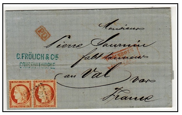 BRITISH LEVANT - 1874 40c pair rate entire to France used at Constantinople.