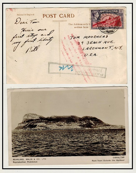 GIBRALTAR - 1947 6d rate postcard use to USA struck PAR AVION/JUSQU
