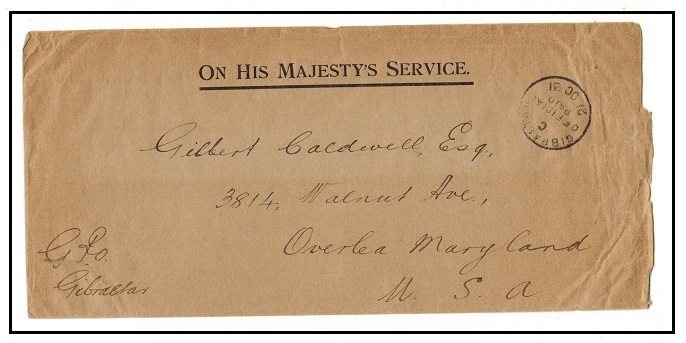 GIBRALTAR - 1931 OHMS stampless cover to USA struck GIBRALTAR/OFFICIAL PAID.