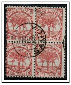 SAMOA - 1899 1d deep red brown used block of four.  SG 89.