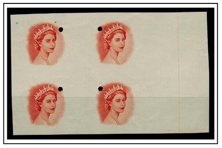 RHODESIA AND NYASALAND - 1954 IMPERFORATE PLATE PROOF block of four of the head vignette in orange.