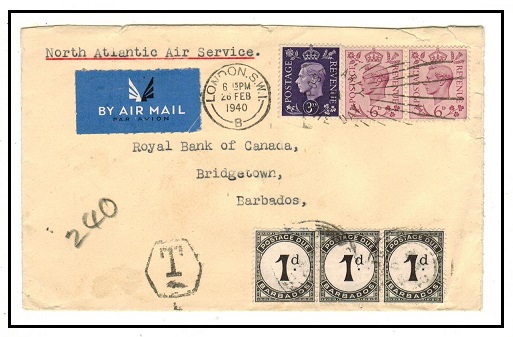 BARBADOS - 1940 inward underpaid cover from UK with 1d 