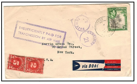 JAMAICA - 1950 (circa) underpaid taxed cover from MONTEGO to USA with 