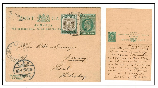 JAMAICA - 1903 1/2d+1/2d green PSRC with outward section uprated and used at KINGSTON.  H&G 20.