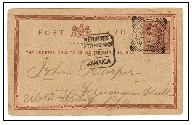 JAMAICA - 1877 1/2d red-brown PSC used locally at ULSTER SPRING with RETURNED LETTER BRANCH h/s.