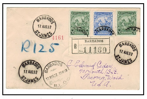 BARBADOS - 1932 3 1/2d rate registered cover to USA used at ST.JAMES.