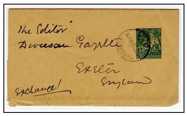 BARBADOS - 1916 1/2d green postal stationery wrapper to UK used at BARBADOS/GPO.  H&G 5.