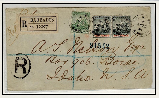 BARBADOS - 1901 4 1/2d rate registered cover to USA cancelled by BARBADOS M.O.O. (Money Office) cds.