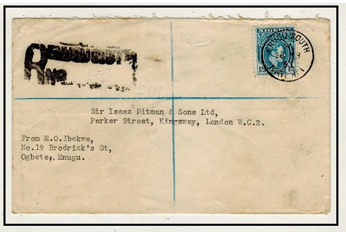 NIGERIA - 1951 1/3d rate registered cover to UK used at ENUGU SOUTH.