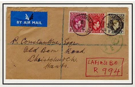 NIGERIA - 1950 1/3d rate registered cover to UK used at LAFIAJI LAGOS.