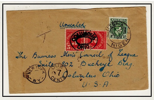 NIGERIA - 1946 1/2d rate underpaid cover to USA used at ONITSHA with postage dues applied.
