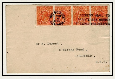 AUSTRALIA - 1934 2d rate cover to UK struck MELBOURNE-ADDRESS MAIL TO slogan strike.