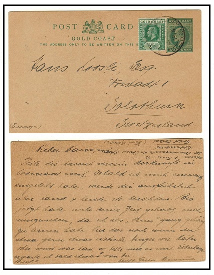 GOLD COAST - 1903 1/2d green uprated PSC to Switzerland used at COOMASI.  H&G 3.