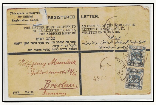 PALESTINE - 1924 26m rate use of FORMULA RPSE to Germany used at TEL AVIV.  