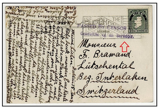 IRELAND - 1940 2d rate PASSED BY CENSOR postcard use to Switzerland used at BAILE ATHA CLIATH.