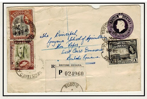 BRITISH GUIANA - 1955 4c violet PSE uprated and registered  locally.  H&G 11.